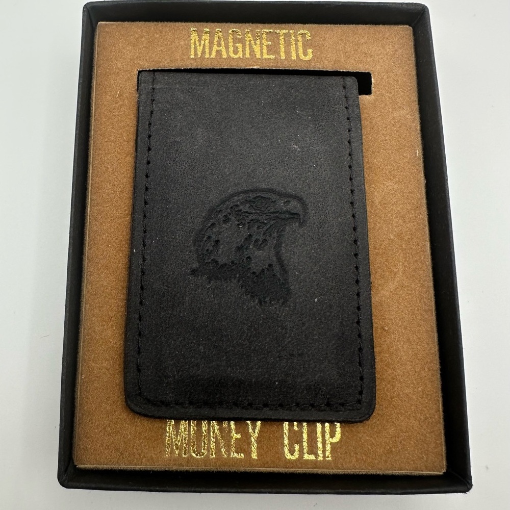 Black Leather Money Clip Bald Eagle Magnetic New in Box Cowhide Western USA
